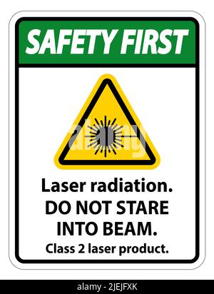 Safety First Laser radiation,do not stare into beam,class 2 laser product Sign on white background Stock Vector