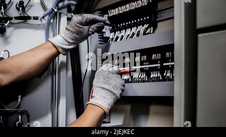 Electrical engineers check electrical control devices with a multimeter. Stock Photo