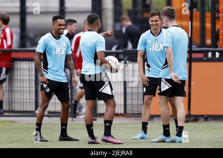 ROTTERDAM - Danilo of Feyenoord, Cole Bassett of Feyenoord, Patrik Walemark of Feyenoord during Feyenoord's first training session at sports complex 1908 on June 27, 2022 in Rotterdam, Netherlands. ANP PIETER STAM DE YOUNG Stock Photo