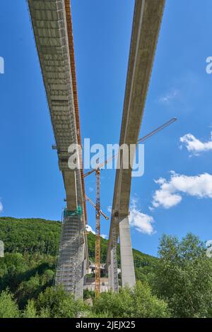 complexe construction site for the new railway trail from Stuttgart to Munich. Combined tunnel and bridge construction in the Fils Valley, Baden-Wuert Stock Photo