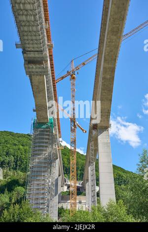 complexe construction site for the new railway trail from Stuttgart to Munich. Combined tunnel and bridge construction in the Fils Valley, Baden-Wuert Stock Photo