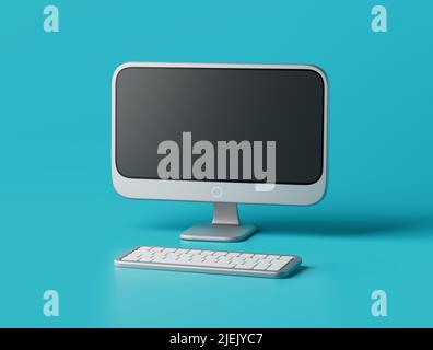 Simple all-in-one pc with keyboard 3d render illustration. Isolated object on background Stock Photo