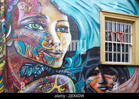 Murales along the street in Valparaiso, Chile. Valparaiso was declared a World Heritage Site by UNESCO in 2003. Stock Photo