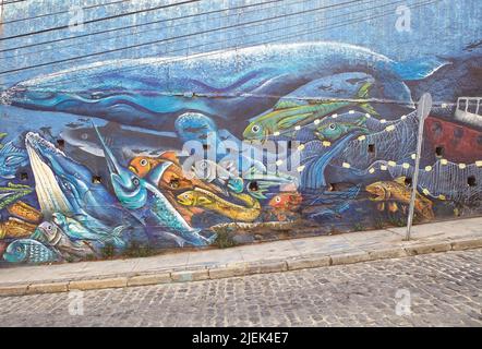 Murales along the street in Valparaiso, Chile. Valparaiso was declared a World Heritage Site by UNESCO in 2003. Stock Photo