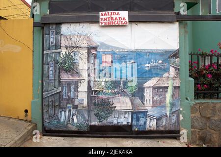 Murales along the street in Valparaiso, Chile. Valparaiso was declared a World Heritage Site by UNESCO in 2003. Stock Photo