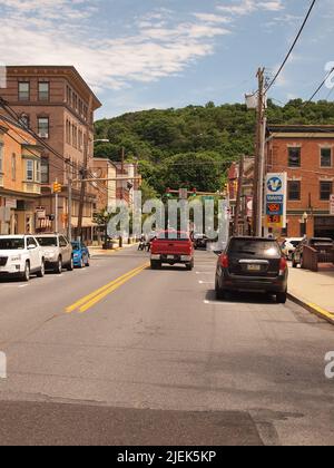 Bangor, Pennsylvania downtown showing the quaintness of an America past. A main street like a Norman Rockwell painting. Stock Photo