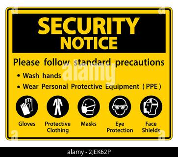 Security Notice Please follow standard precautions ,Wash hands,Wear Personal Protective Equipment PPE,Gloves Protective Clothing Masks Eye Protection Stock Vector