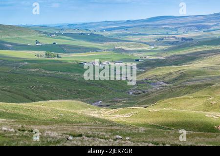 Looking down the Upper Tees Valley from up above Harwood in Teesdale on an early summers day. Co. Durham, UK. Stock Photo