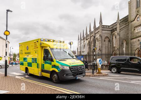 Emergency Ambulance responding to an emergency in Mongahan, Co. Monaghan, Ireland. Stock Photo