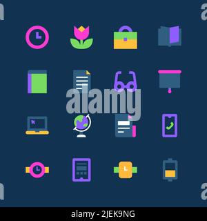 Time and data - set of flat design style neon icons Stock Vector
