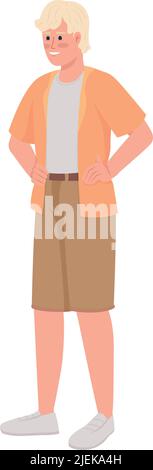 Positive man holding hands on waist semi flat color vector character Stock Vector