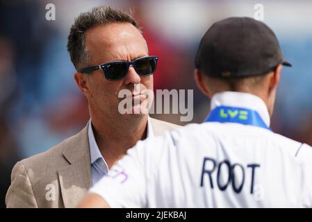 Former England captain Michael Vaughan with England's Joe Root after day five of the third LV= Insurance Test Series Match at Emerald Headingley Stadium, Leeds. Picture date: Monday June 27, 2022. Stock Photo