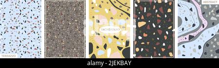 Terrazzo poster. Colorful invites design with tiny marbles particles. Contemporary packaging, mosaic cover or art cards granite effects, decent vector Stock Vector