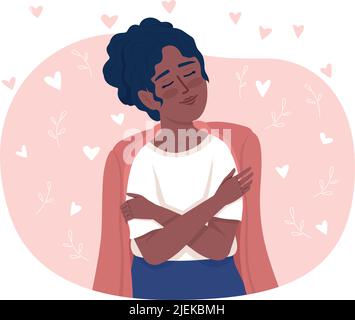 Tranquil lady hugging herself 2D vector isolated illustration Stock Vector