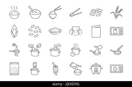 Rice doodle illustration including icons - bowl, japanese food, chopsticks, squeeze, tear bag, pan, spoon, microwave, colander, water pot. Thin line a Stock Vector