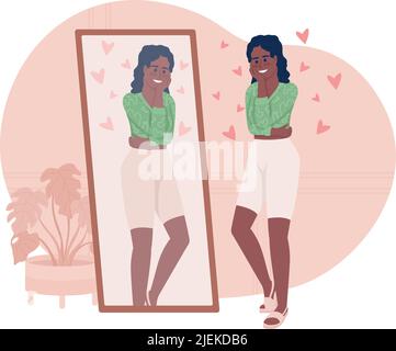 Positive woman near mirror at home 2D vector isolated illustration Stock Vector