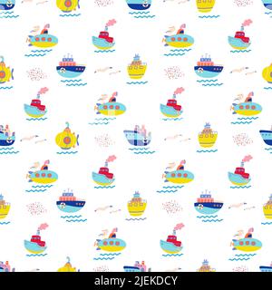 Doodle ship seamless pattern. Sailing texture, boy boat fabric print. Marine graphics with sailboat, summer ocean elements nowaday vector background Stock Vector