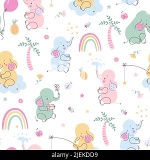 Kid elephant seamless pattern. Elephants and palm tree wallpaper. Cute funny animals scandinavian style for baby, kid wildlife nowaday vector print Stock Vector