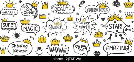 Cute dialog bubbles. Funny doodle labels, speech shaped with crowns and hearts. Handwriting royal labels, princess comic inscriptions neoteric vector Stock Vector