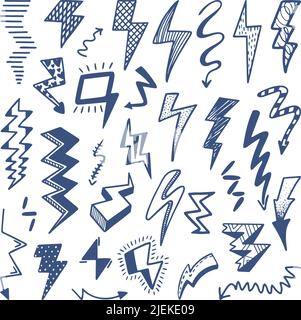 Doodle flash set. Thunder lighting drawing, power or electricity doodles sketch. Light bolt emblem, neoteric flashes retro scribble vector kit Stock Vector