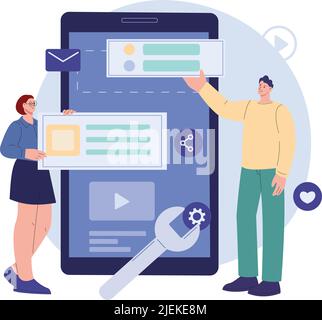 Mobile app development. Application software construction, web developers and programming. Phone upgrade service process, kicky vector characters Stock Vector