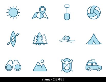 summer camping linear vector icons in two colors isolated on white background. Stock Vector