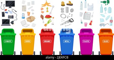 Waste bins. Recycle bin and rubbish, plastic colorful containers for trash sort. Different type objects, sorting paper, metal, glass exact vector set Stock Vector