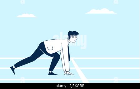 Businessman on start. Worker starting run position, preparation career up. Runner wear business suit, personal competition challenge recent vector Stock Vector