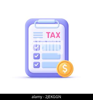 Filling tax form. Tax payment, accounting, financial management, corporate tax, taxable income concept. 3d vector icon. Cartoon minimal style. Stock Vector