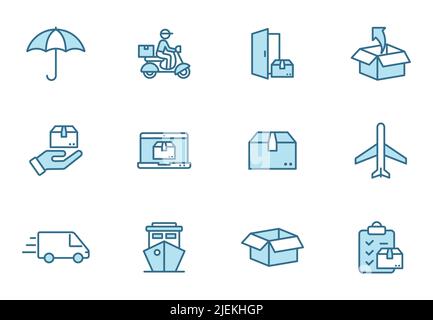 delivery linear vector icons in two colors isolated on white background. Stock Vector