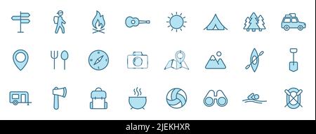 camping outline icons in two colors for web, mobile and ui design. Stock Vector