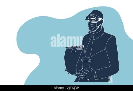 Smiling delivery man in blue uniform holding a package box - flat vector illustration. Stock Vector