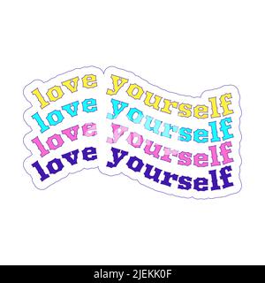 Y2K wave-shaped sticker with repeating multicolored phrase - Love yourself. Text graphic element in bright acid colors. Nostalgia for the 2000s. Simpl Stock Vector