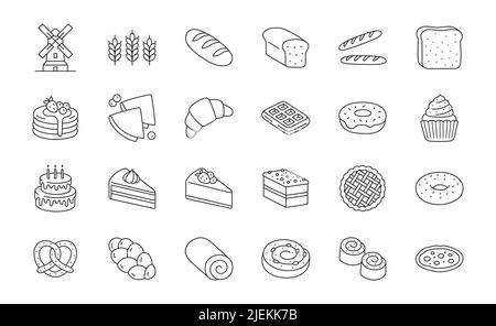 Bakery products doodle illustration including icons - cupcake, croissant, biscuit, bagel, donut, toast, baguette, dessert, cinnamon roll. Thin line ar Stock Vector