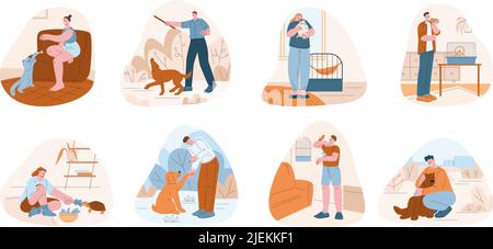 People and pets. Active time with dog, person hold pet. Man woman play with cat and birds. Cute kitten and puppy owner, kicky animals and human vector Stock Vector