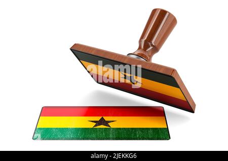 Wooden stamper, seal with Ghanaian flag, 3D rendering isolated on white background Stock Photo