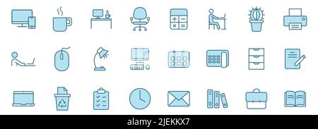 workspace linear vector icons in two colors isolated on white background. Stock Vector