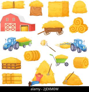 Cartoon bale of hay. Harvesting straw for feeding farm animal, haystack box fodder hayloft, stack dry grass field, village barn tractor cart bales wheat, vector illustration. Bale grass and haystack Stock Vector