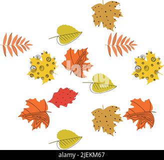 Fall leaf vector illustration. Seamless pattern. Hand drawn colorful design. Isolated graphic symbols. Autumn art sign. Nature abstract concept. Organic line elements Stock Vector