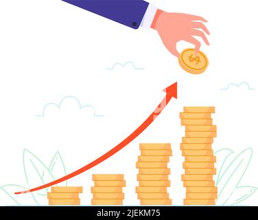 Cartoon hand stack coins. Arm count pile gold coin money, increase annuity income financial investment upper graph business finance accumulate rich cash, flat vector illustration of stack cash coin Stock Vector
