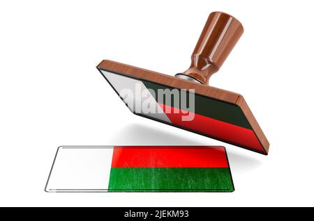 Wooden stamper, seal with Madagascar flag, 3D rendering isolated on white background Stock Photo