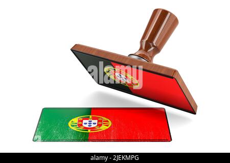 Wooden stamper, seal with Portuguese flag, 3D rendering isolated on white background Stock Photo