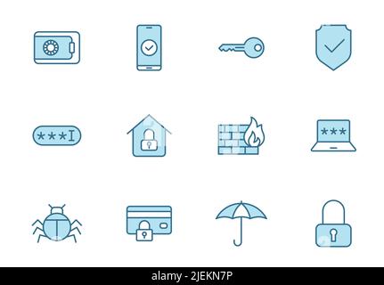 security linear vector icons in two colors isolated on white background. Stock Vector
