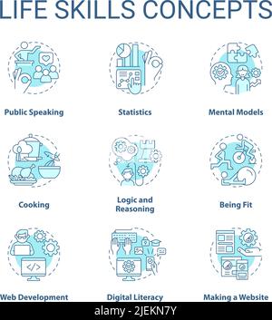 Life skills turquoise concept icons set Stock Vector
