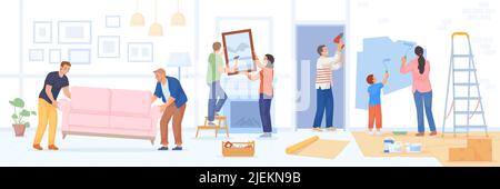 Family interior renovation. Living room repair panorama house, people diy painting decoration, construction new home or renovating apartment after move, swanky vector illustration of renovation house Stock Vector