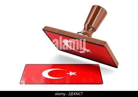 Wooden stamper, seal with Turkish flag, 3D rendering isolated on white background Stock Photo