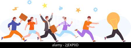 Team running to idea. Group work people catching bright lamp, business leader sustainable company hurry run after success, another burglar ideas pursuit target, vector illustration Stock Vector