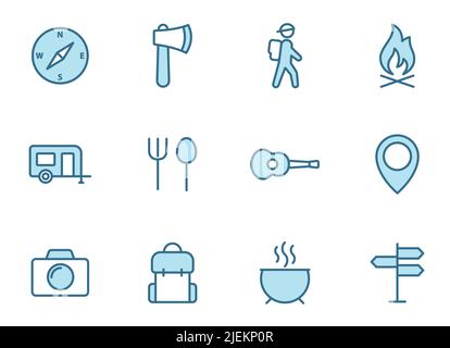 Camping line icon set in two colors isolated on white background. Stock Vector