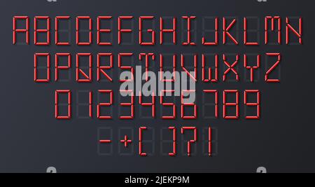 Digital 3d display font. Clock or alarm, watch timer letters and numbers. Scoreboard info typography elements, alphabet for electronics, exact vector Stock Vector