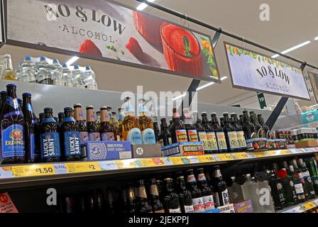 Low & No alcohol drinks selection, Morrisons supermarket, Greenall's Ave, Warrington, Cheshire, England, UK, WA4 6RN Stock Photo